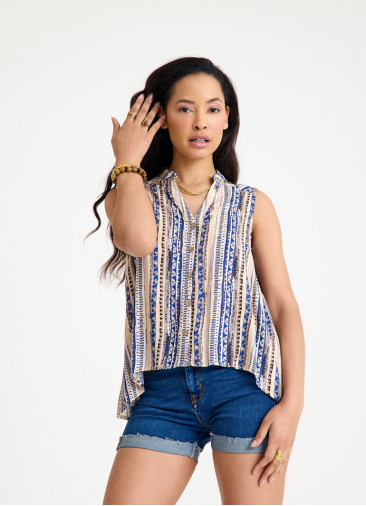 Shirt Collar Asymmetric Cut Beige Ethnic Blouse 4562